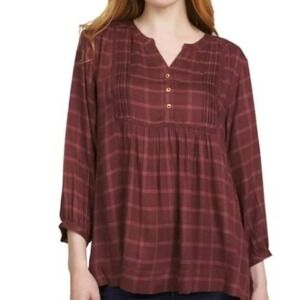 Wrangler Plaid 3/4‎ Sleeve Button Up Tunic Top Blouse, Maroon, Women's Medium
